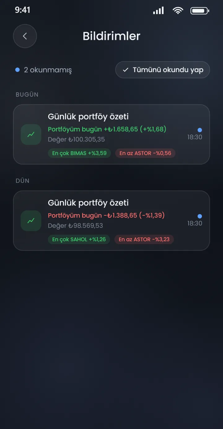 Stoku bildirim kutusu: günlük portföy özeti