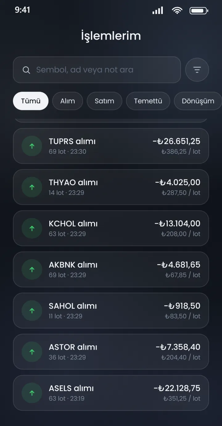 Stoku işlemlerim: alım, satım ve temettü kayıtları