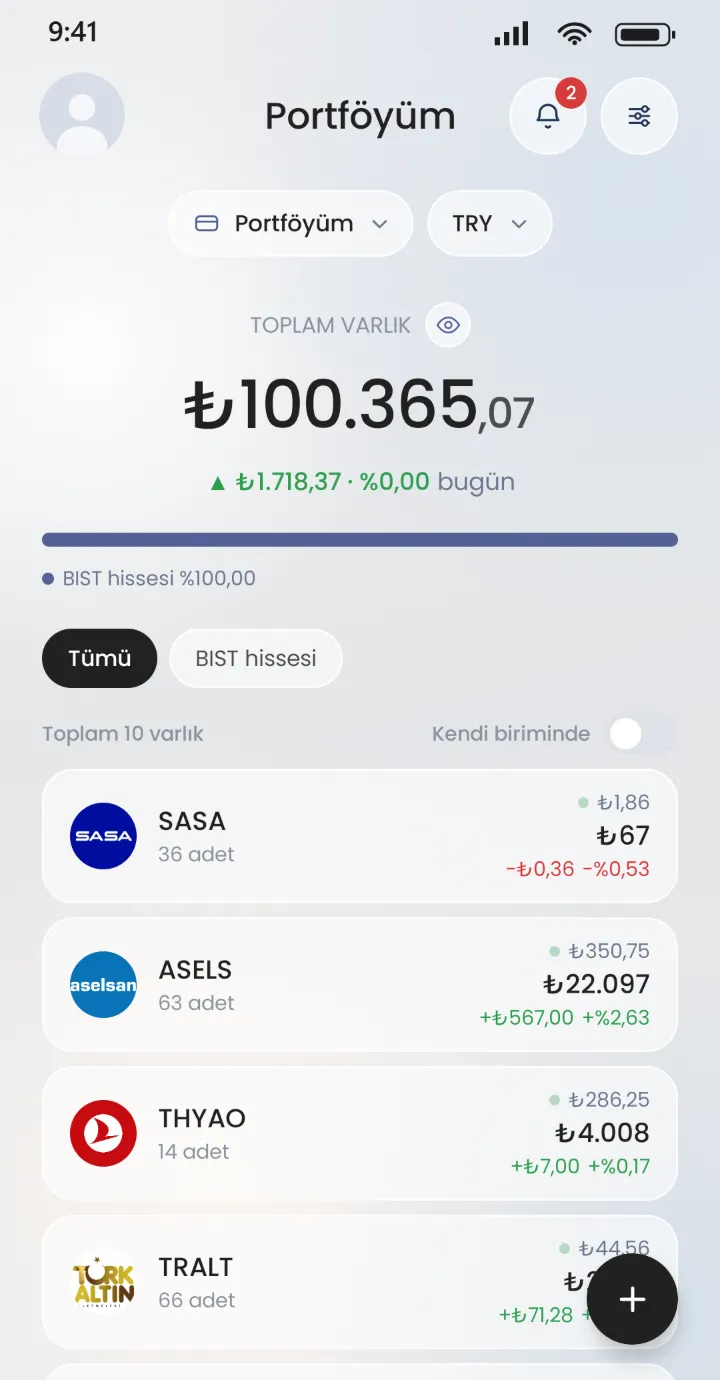Stoku portföy ekranı: toplam varlık, dağılım çubuğu ve varlık listesi