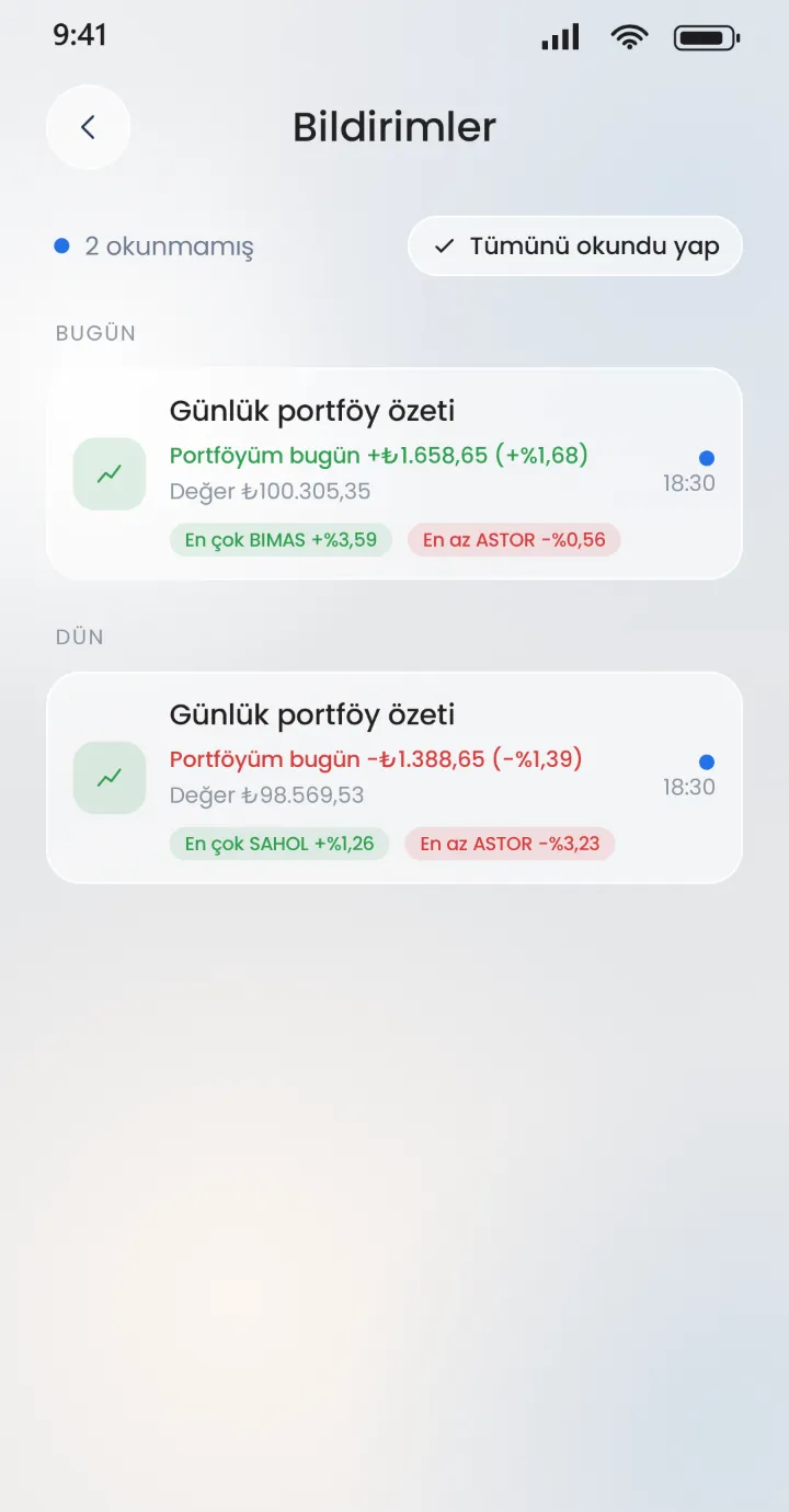 Stoku bildirim kutusu: günlük portföy özeti